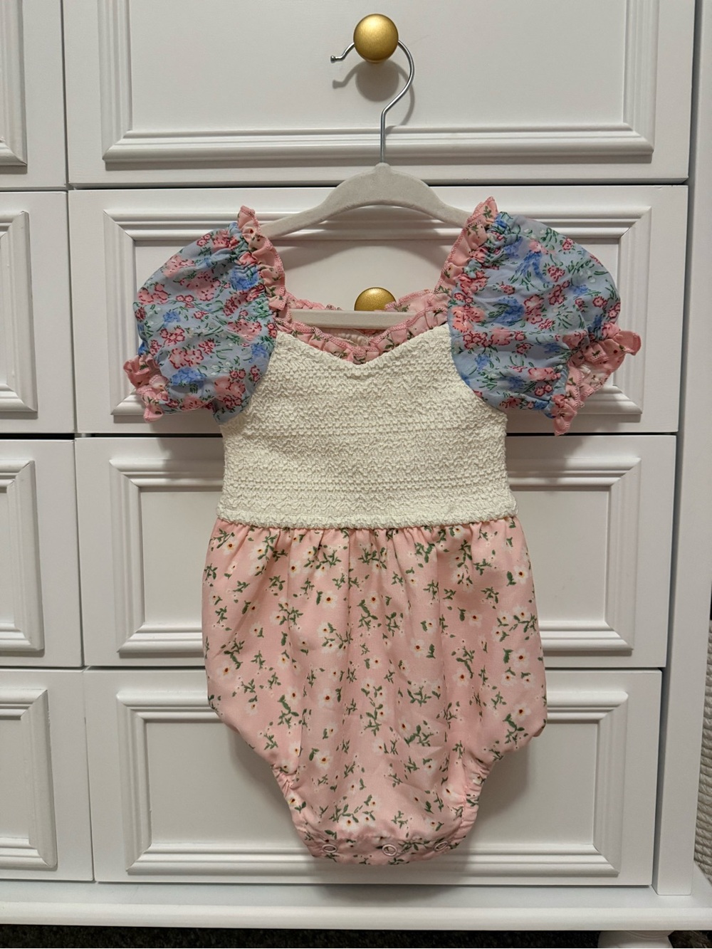 Floral Pink & Blue Puff Sleeve Infant Romper